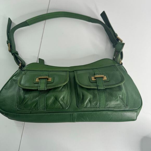 Vintage Tommy Hilfiger Y2K Green Leather Shoulder Bag Buckle Retro Satchel - Picture 4 of 10